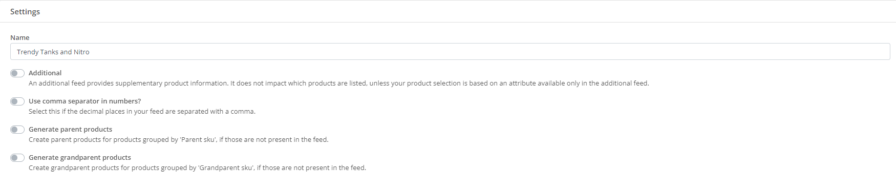 Product feed settings