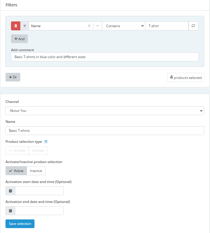 advanced filters for product selections