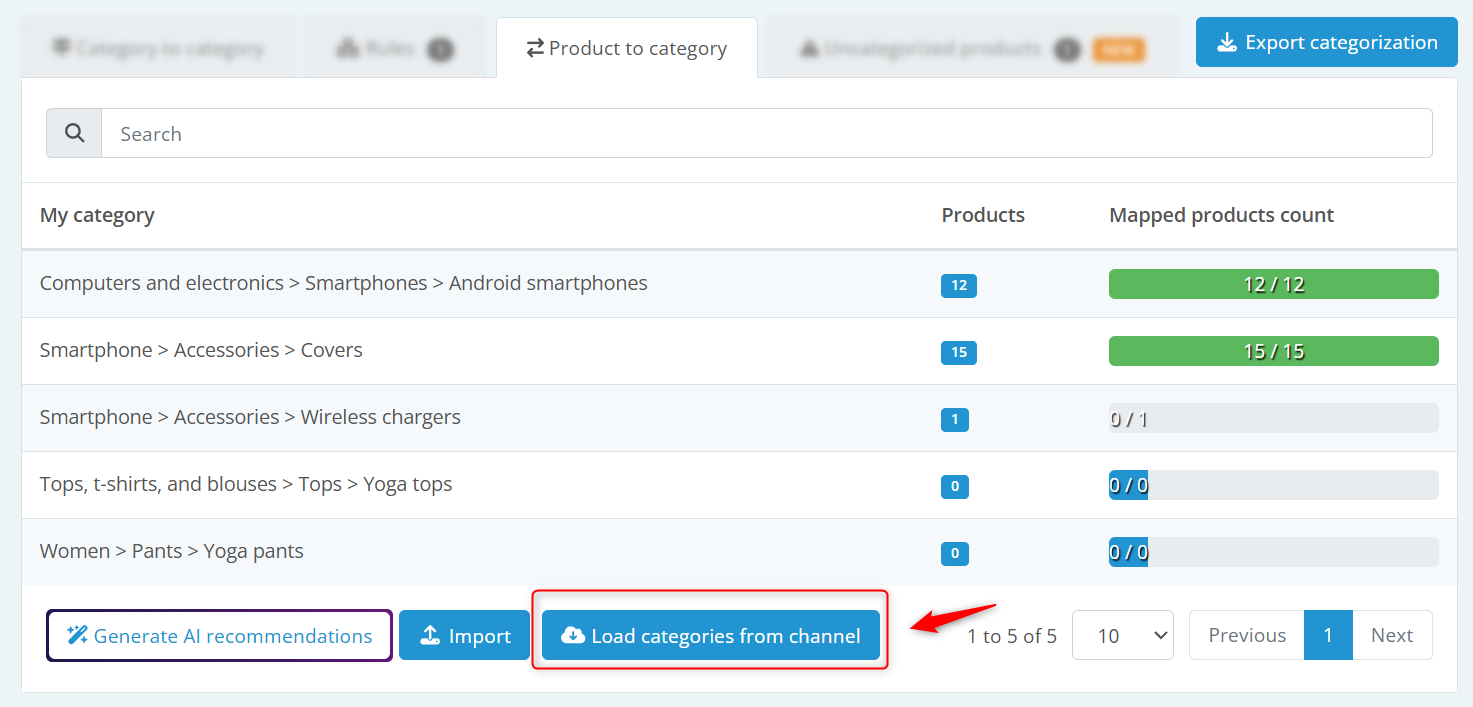 Load categories from channel button