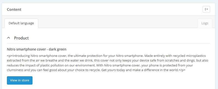 Product section of the Content widget