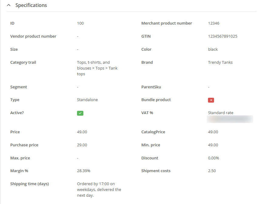 Specifications section of the Content widget