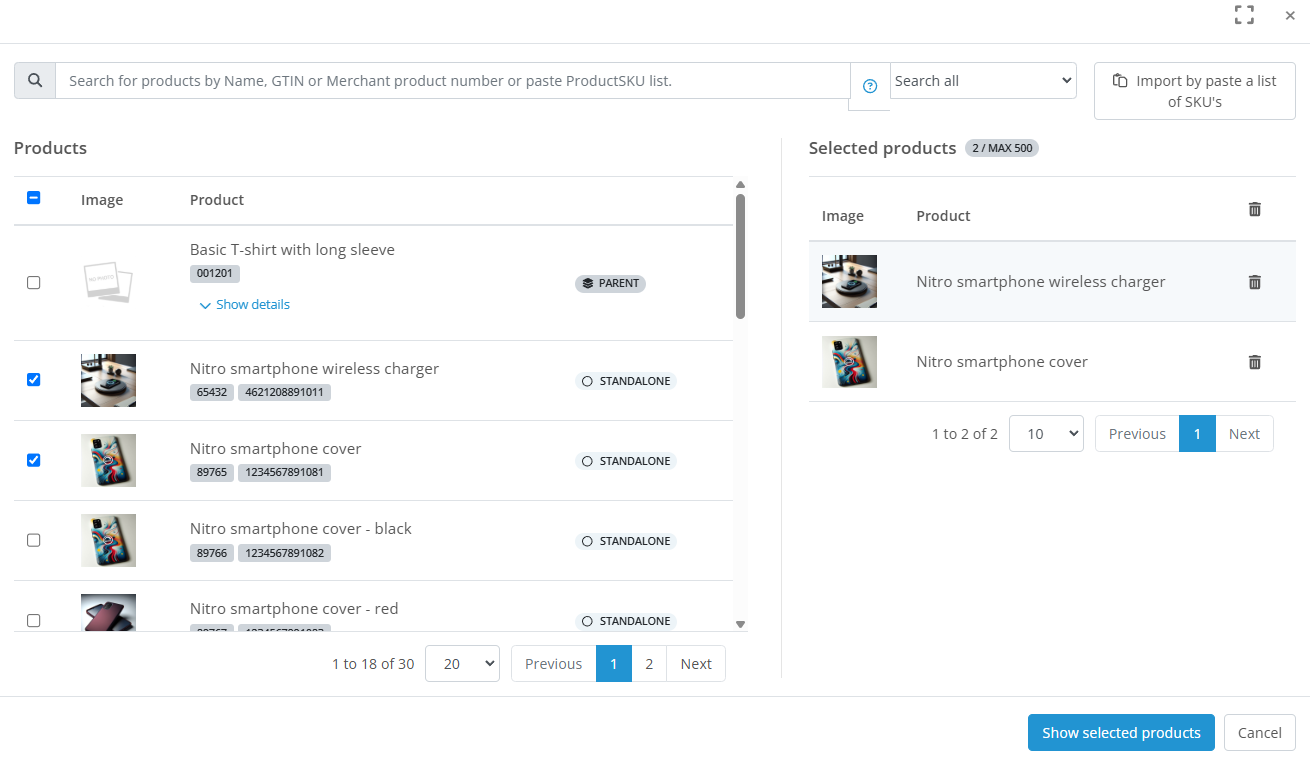 Search for products popup window