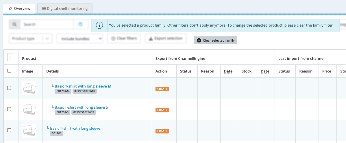 Family view in Listed products