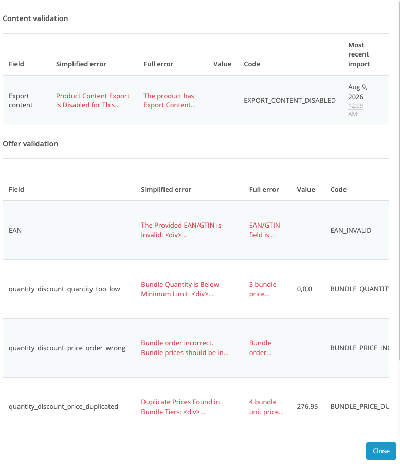 Validation messages on data exports