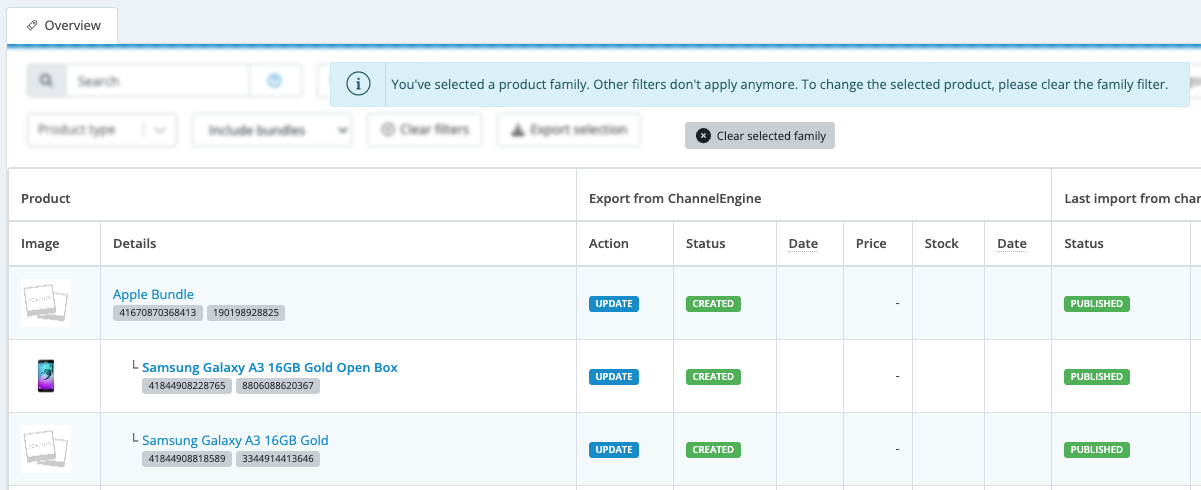 Listed products - clear selected family