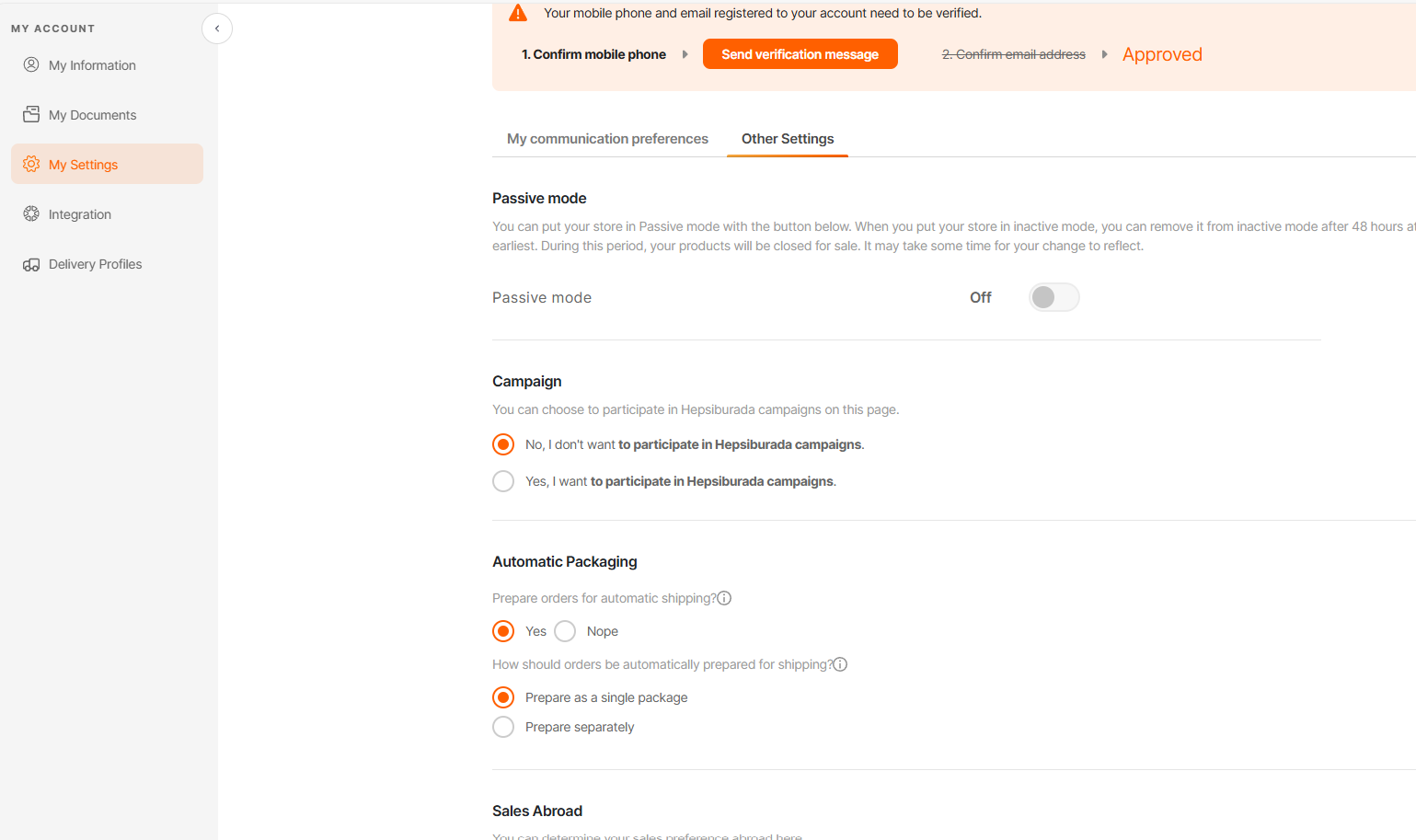 Advanced settings Hepsiburada seller panel