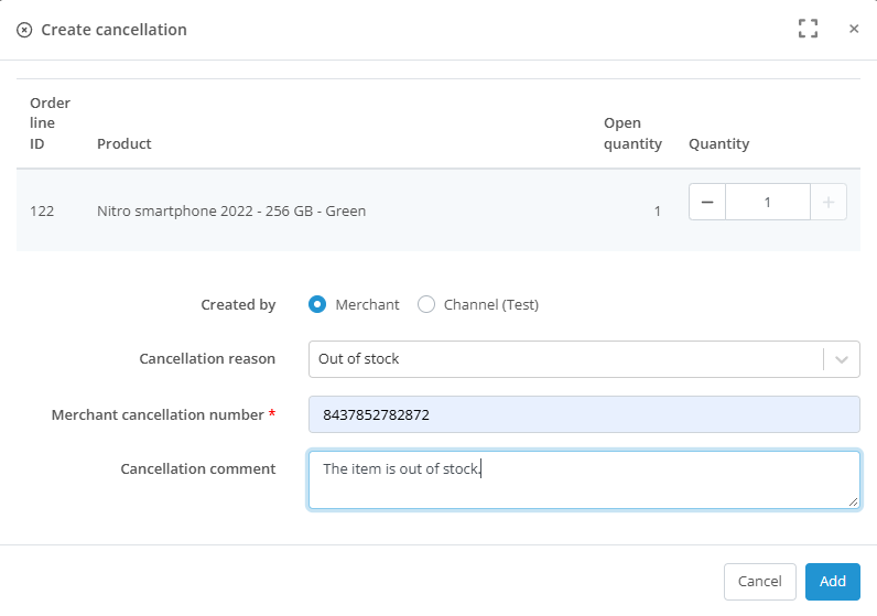 Create a cancelation via the web interface