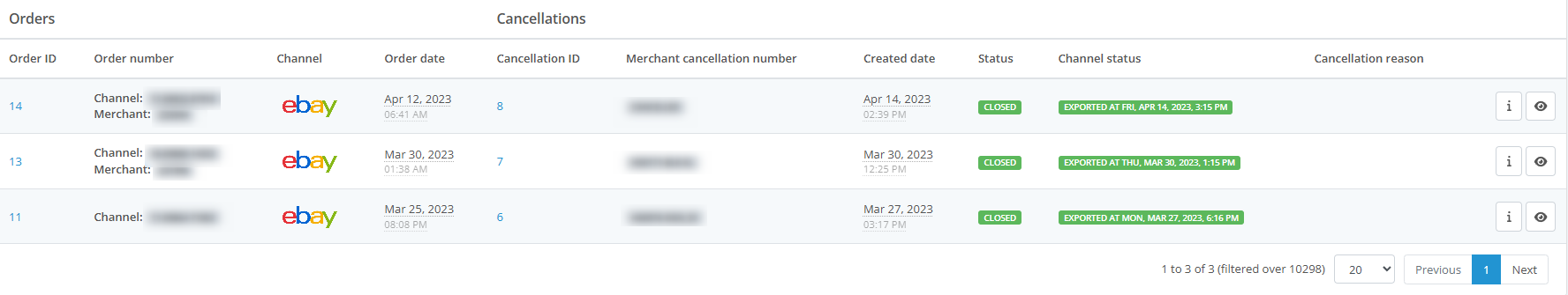 Cancelations overview - table